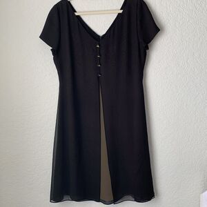 Linda Allard Ellen Tracy Elegant Silk Black Olive Dress V-Neck Size S